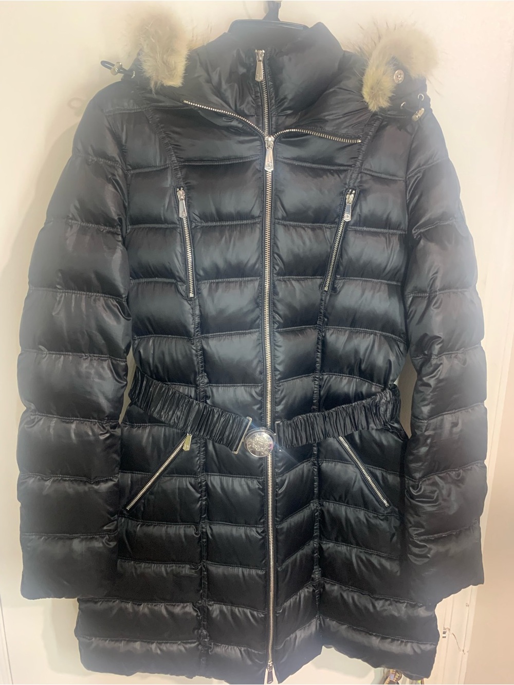 Dawn Levy - Black Quilted Down filled Puffer Coat with  Authentic Fur Hood.